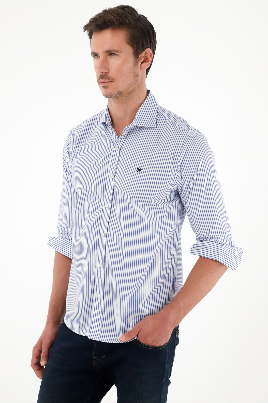 Men's Blue Long-Sleeve Striped Shirt