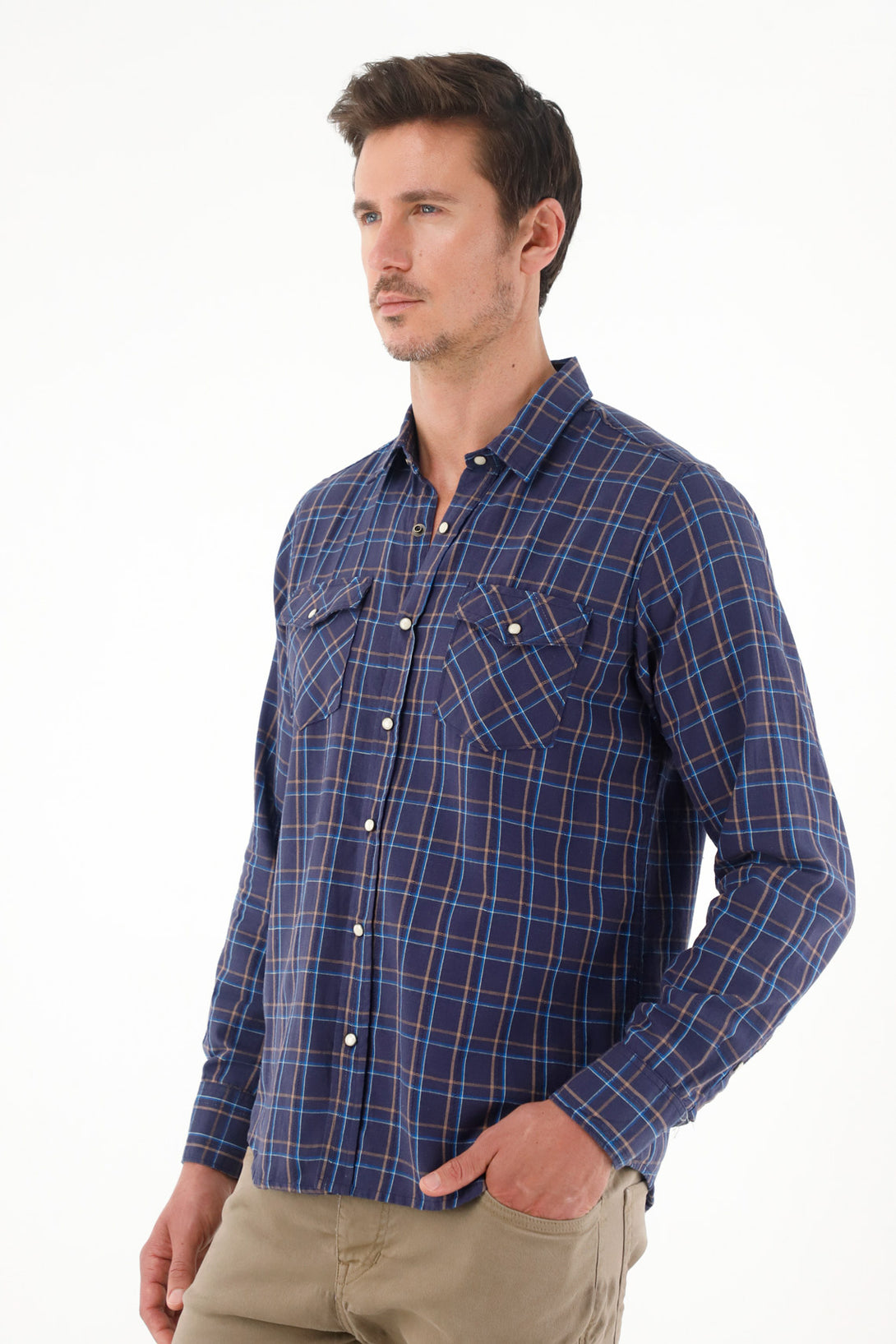 Men's Classic Collar Blue Checkered Shirt