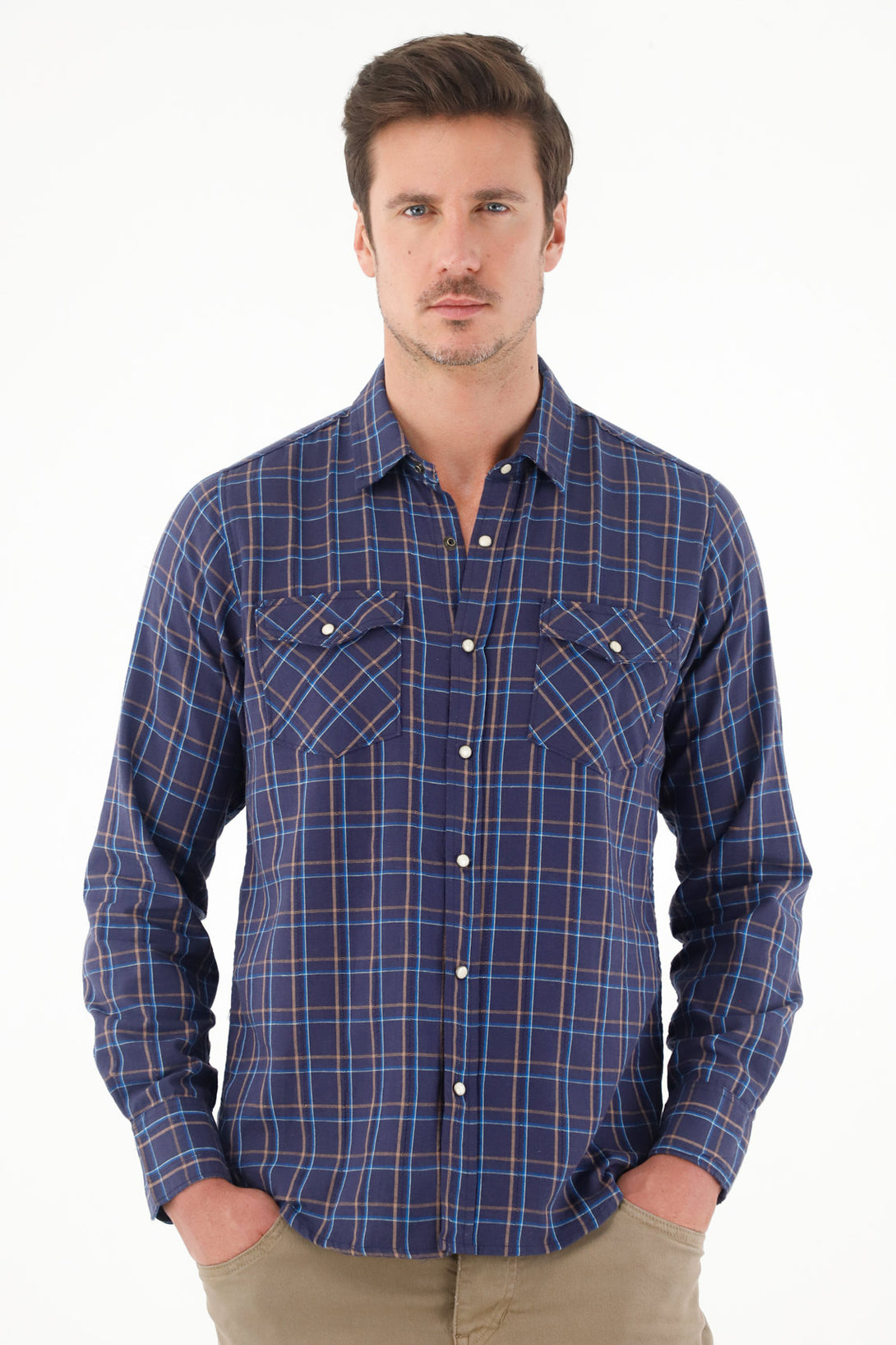 Camisa a cuadros cuello clásico azul para hombre