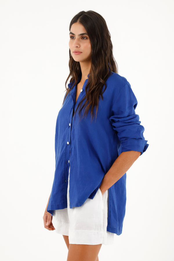 Women's 100% Linen Blue Shirt