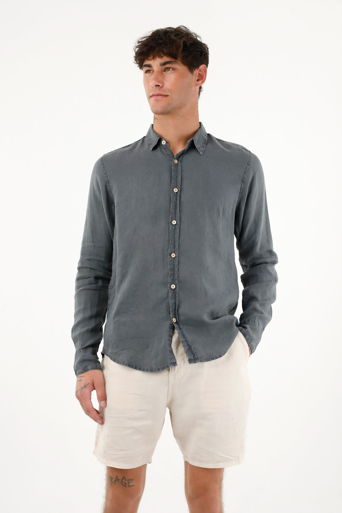 Men's 100% Linen Blue Shirt