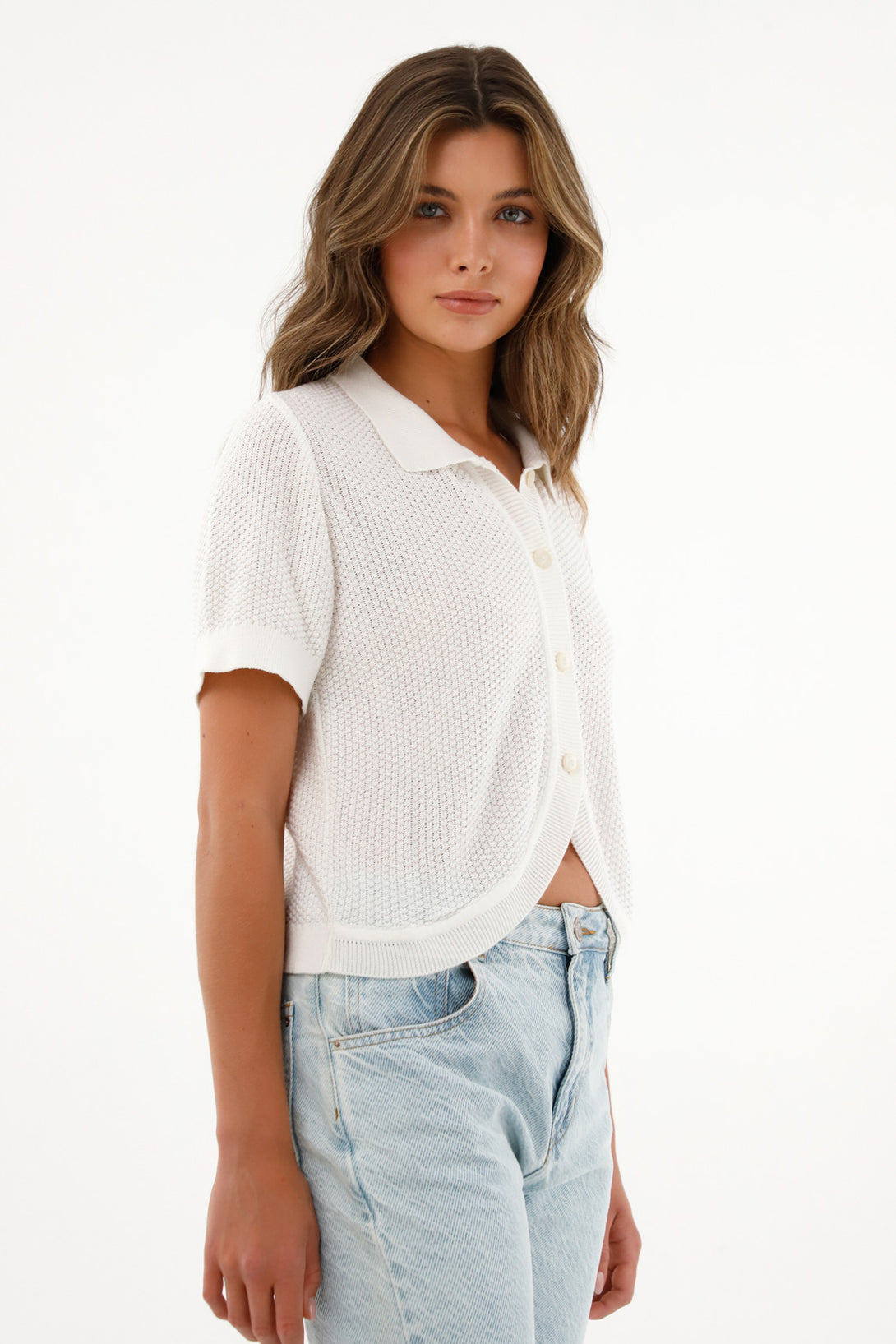 Women's Short Sleeve Cream Woven Shirt