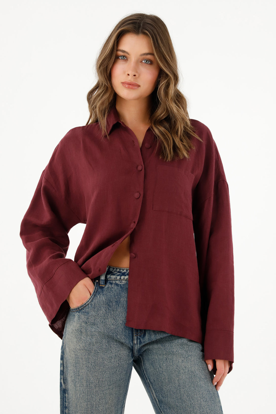 Camisa en 100% lino manga larga roja para mujer