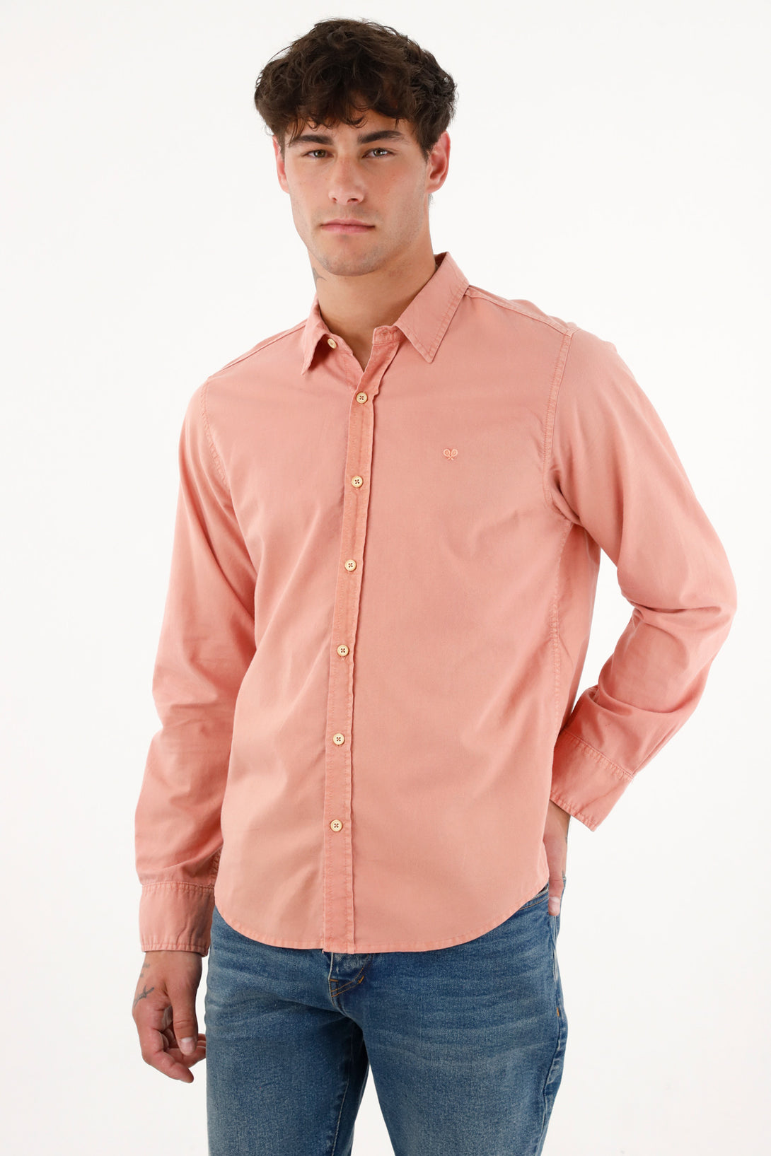 Camisa de tela oxford manga larga rosada para hombre