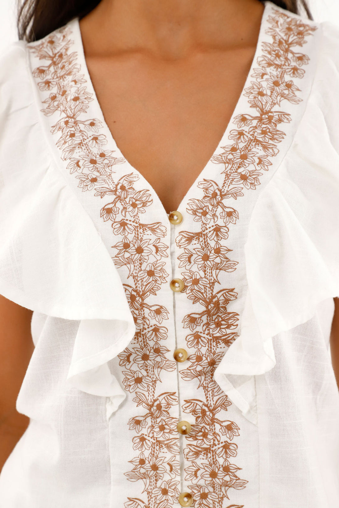 Women's Cream Blouse with Ruffle and Embroidery