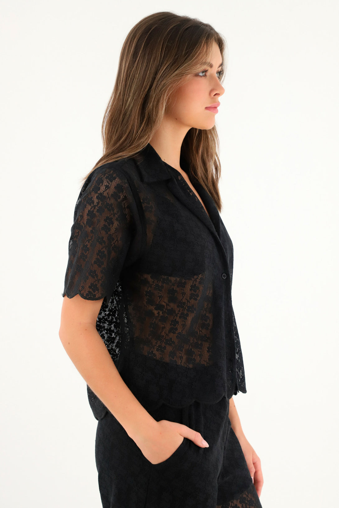 Women's black lace bowling shirt