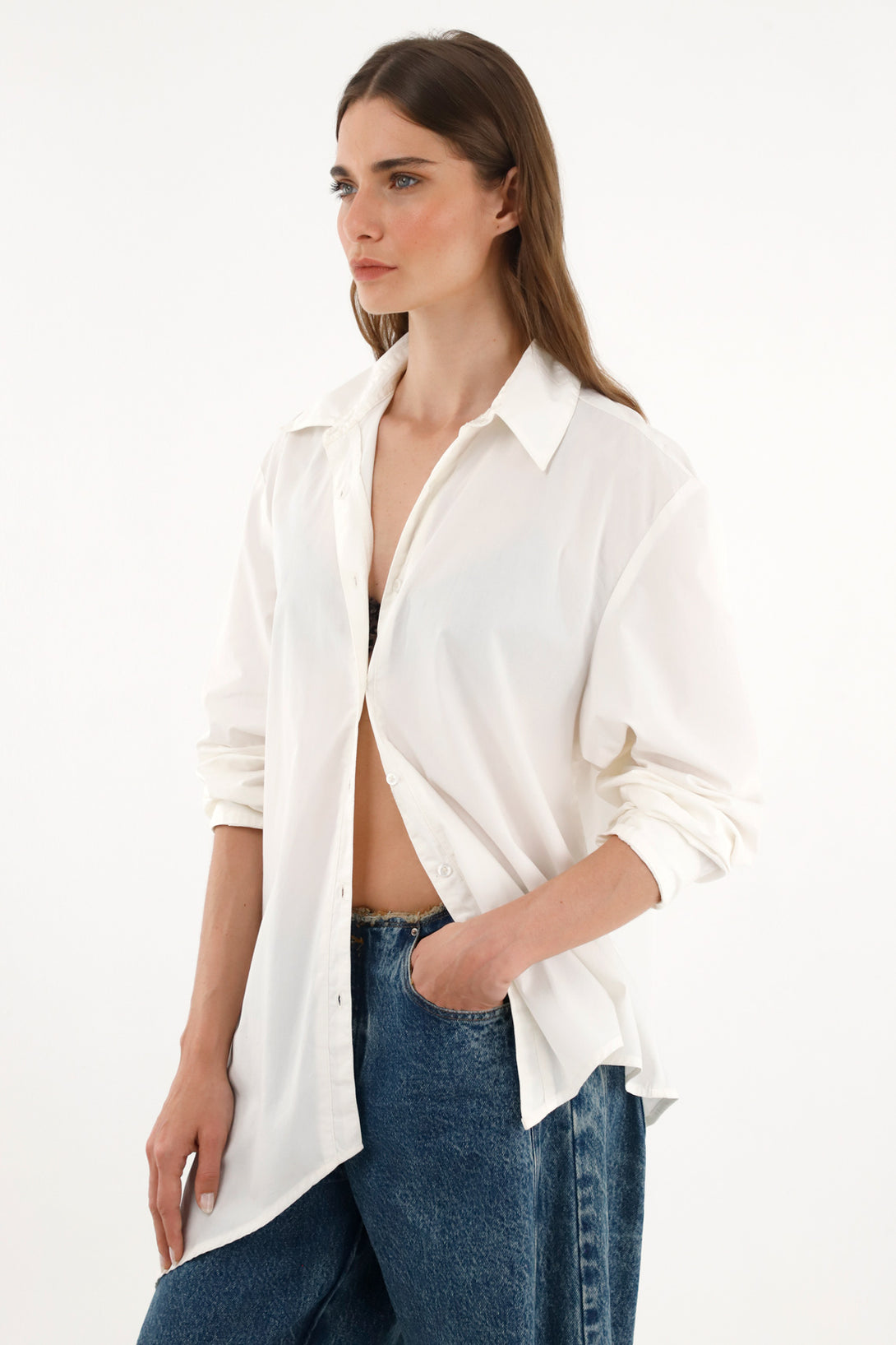 Classic collar off-white shirt in 100% cotton for women