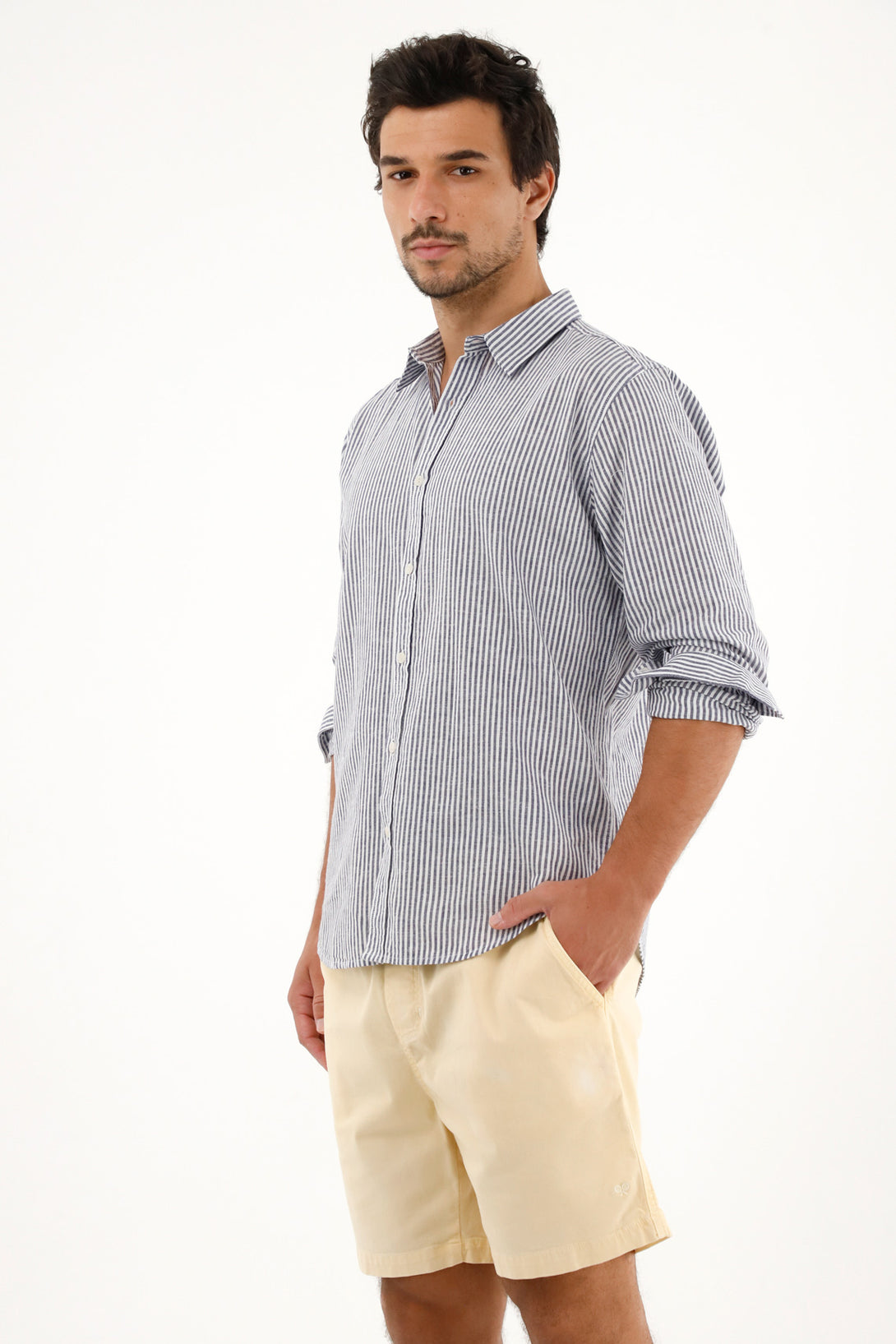 Men's long-sleeve dark blue striped shirt