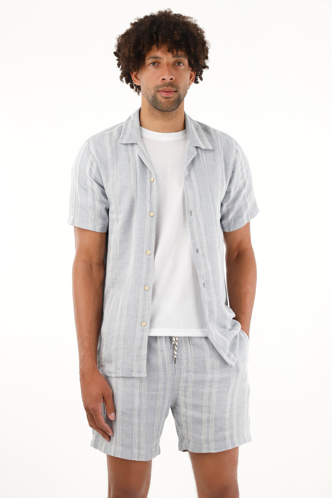 Men's striped blue bowling shirt