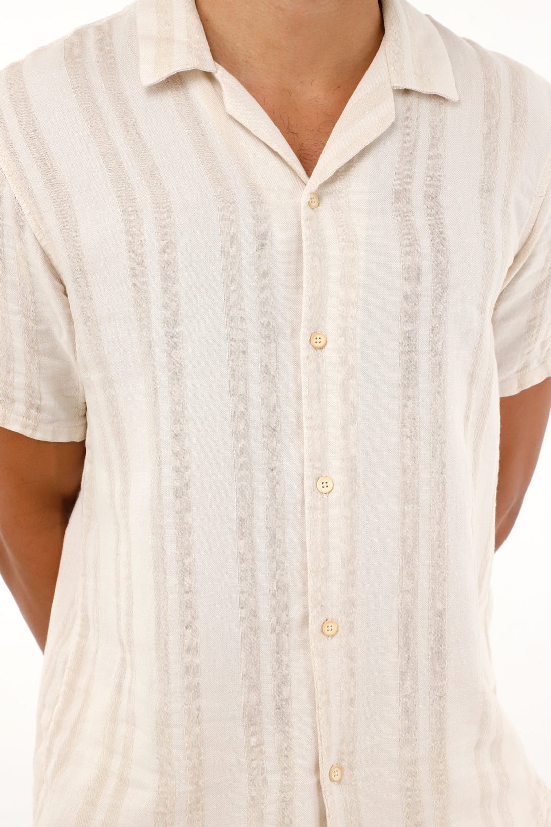 Men's striped bowling shirt in cream.