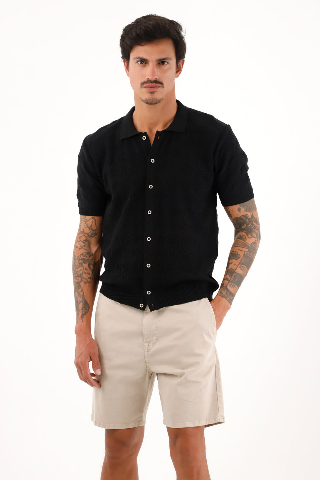 Men's Short Sleeve Knitted Black Shirt