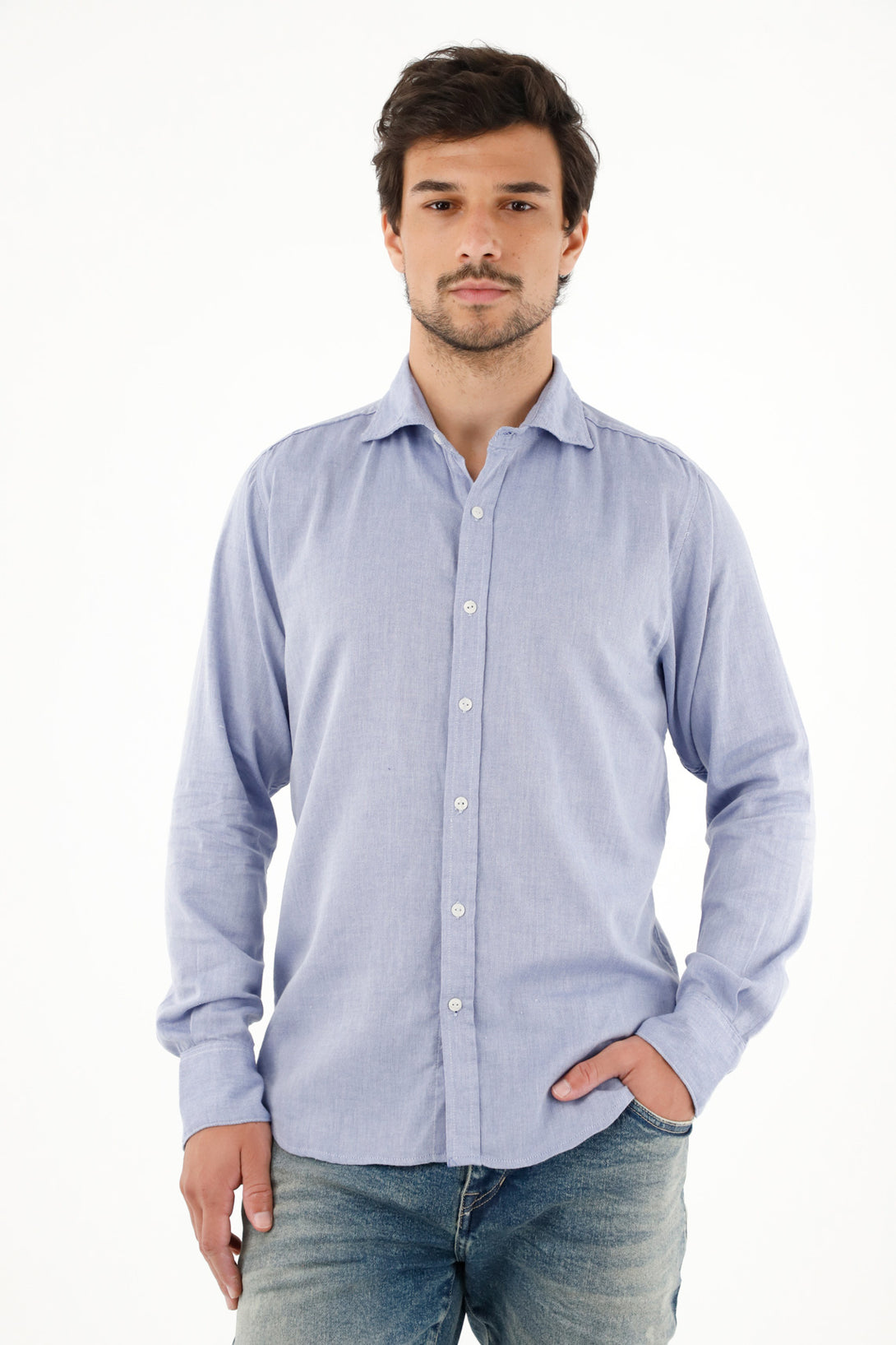 Men's long sleeve blue pre-dyed shirt