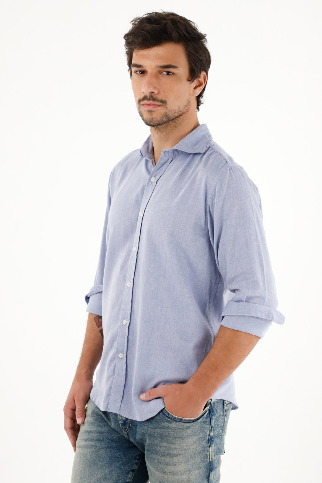 Men's long sleeve blue pre-dyed shirt