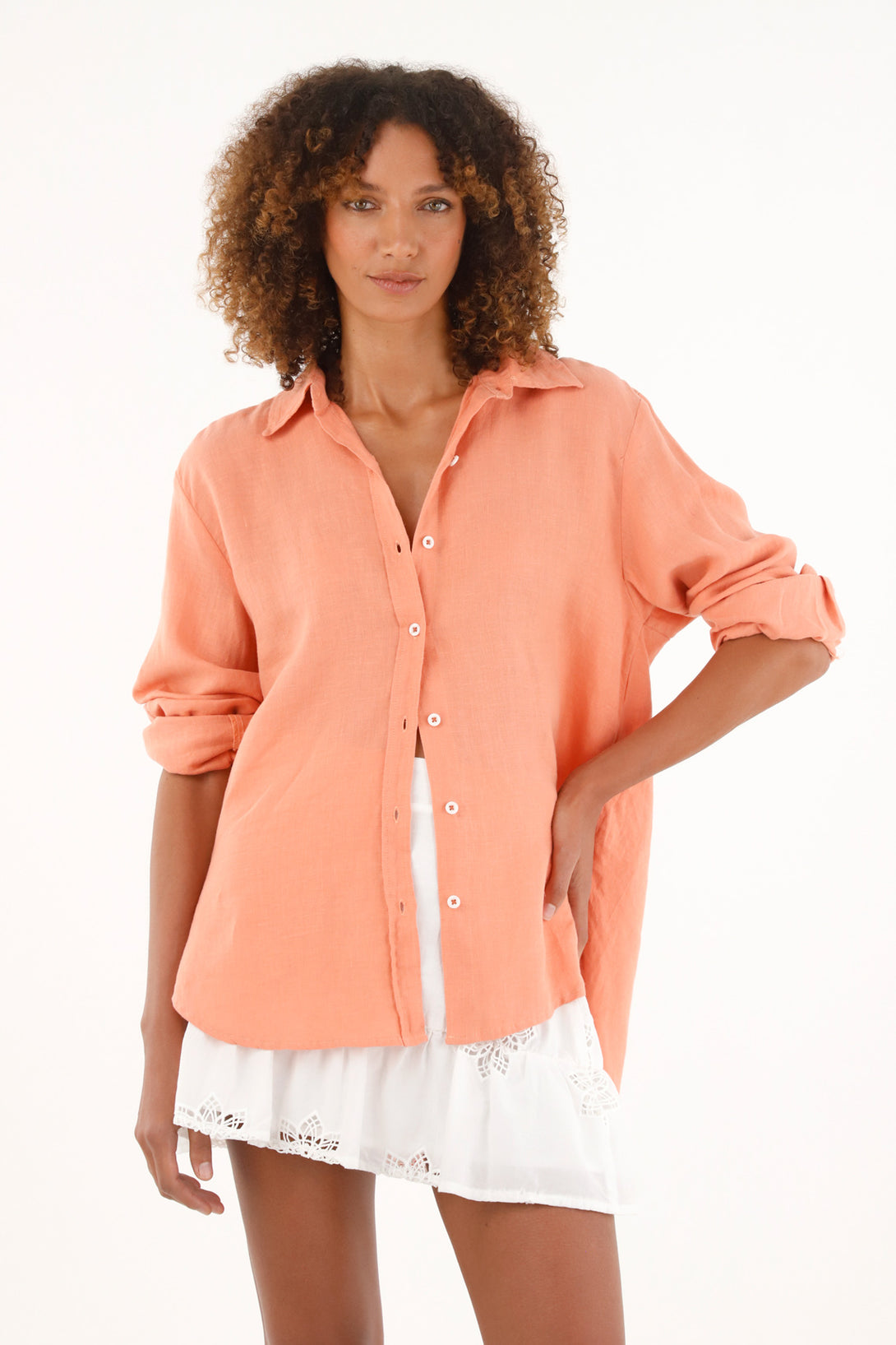 Camisa naranja en 100% lino para mujer