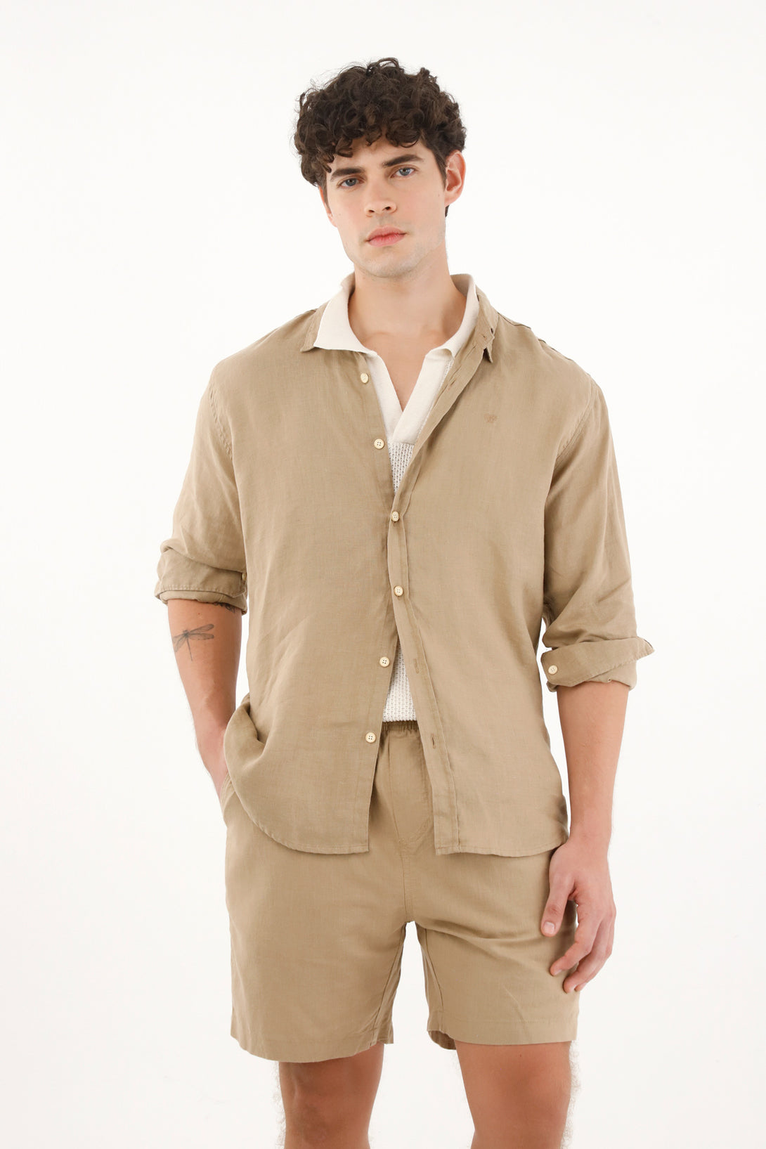 Men's Long Sleeve 100% Linen Brown Shirt