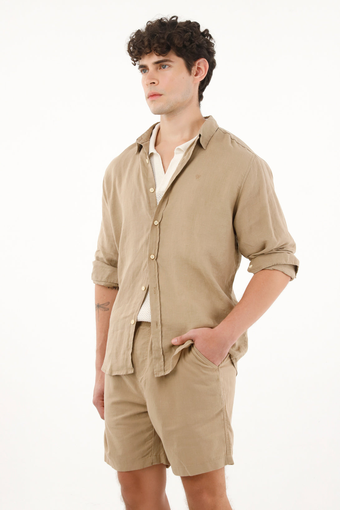 Men's Long Sleeve 100% Linen Brown Shirt