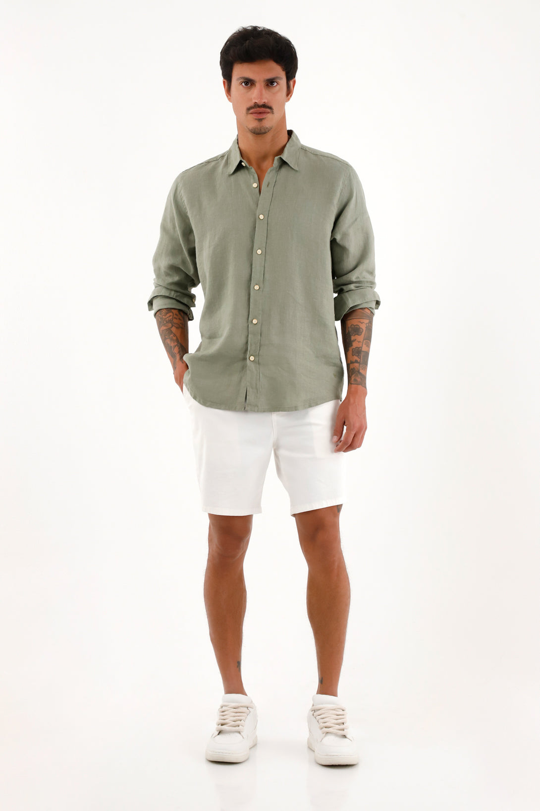 Men's 100% Linen Long Sleeve Green Shirt