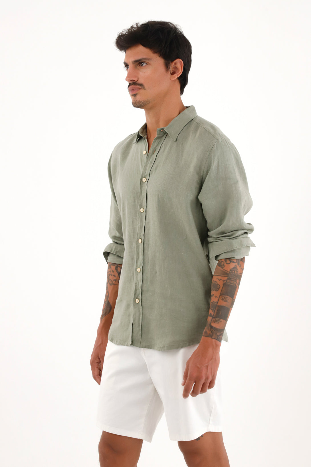 Men's 100% Linen Long Sleeve Green Shirt