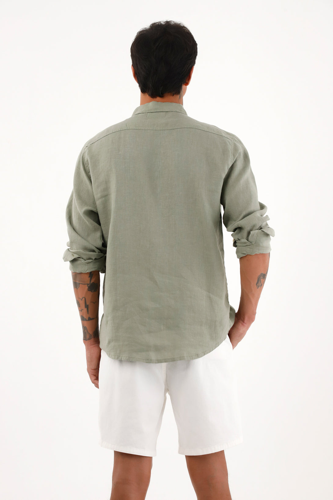 Men's 100% Linen Long Sleeve Green Shirt