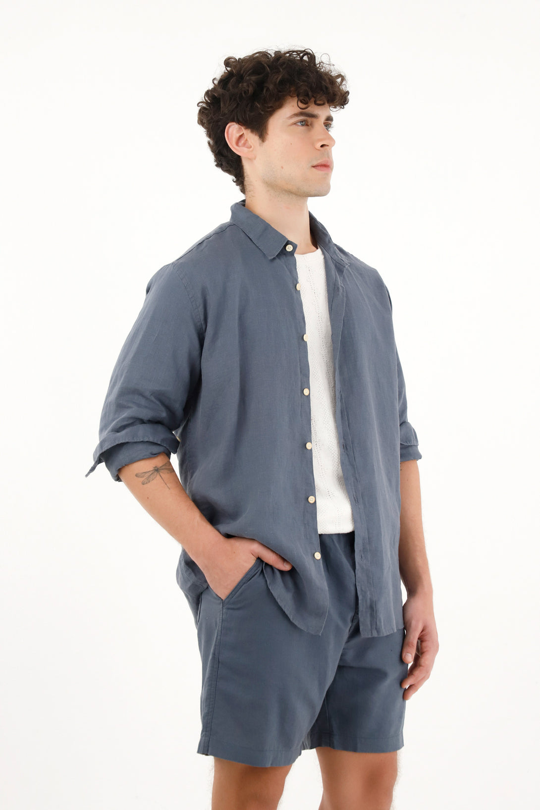 Men's 100% Linen Long Sleeve Blue Shirt