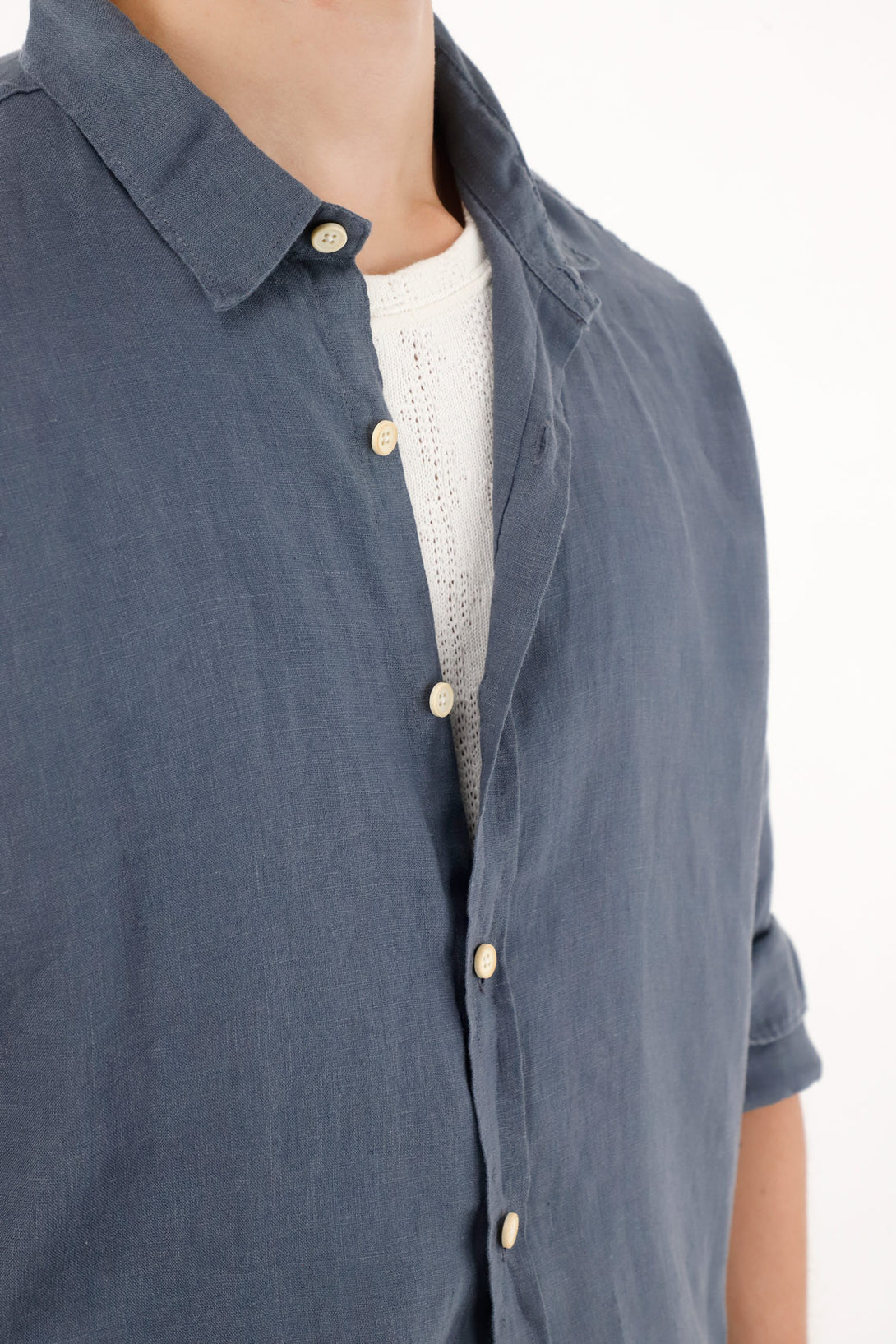 Men's 100% Linen Long Sleeve Blue Shirt