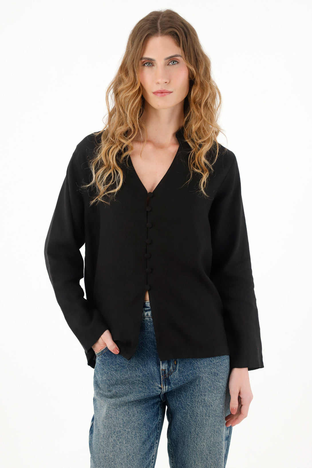 Women's black neru collar shirt in 100% linen