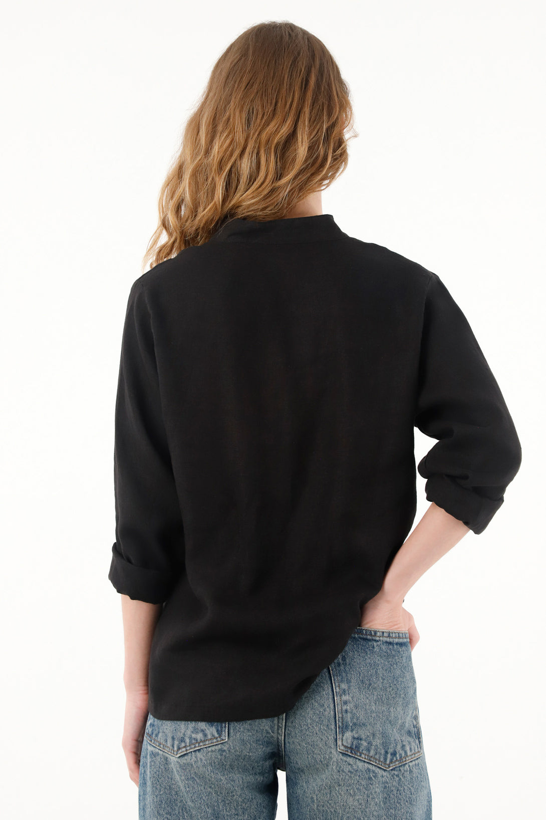 Women's black neru collar shirt in 100% linen