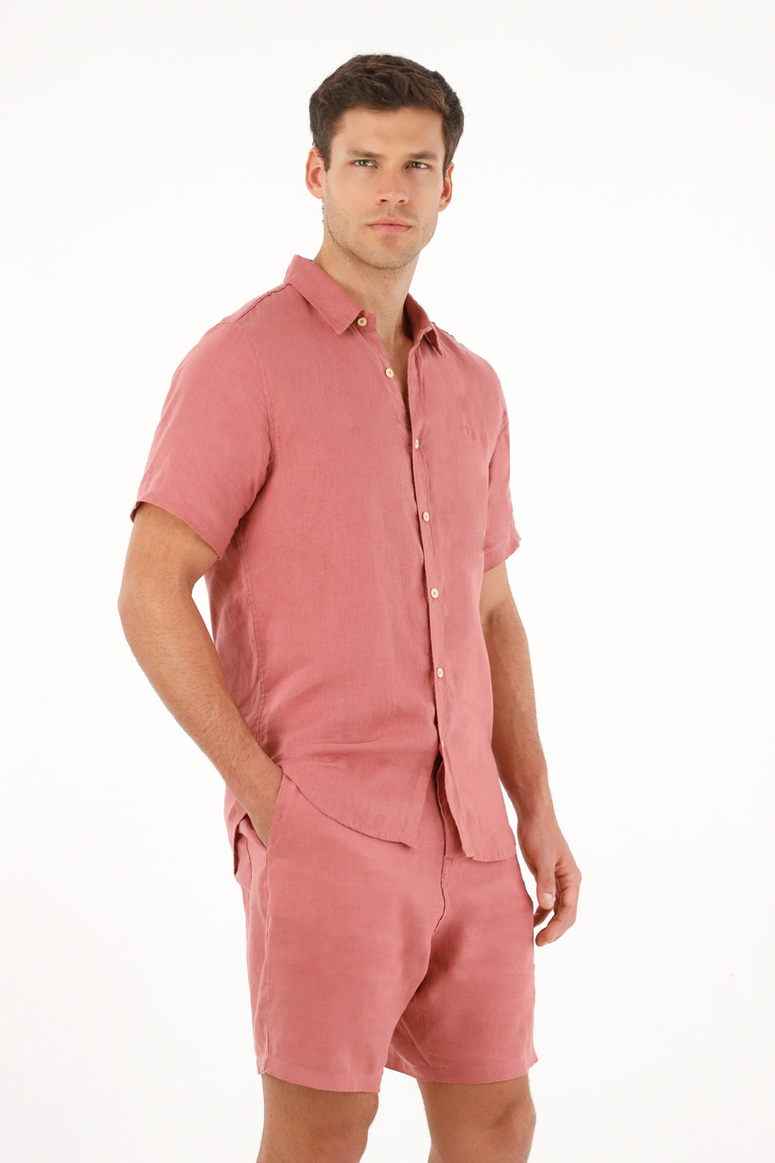 Men's Short Sleeve Shirt in 100% Orange Linen