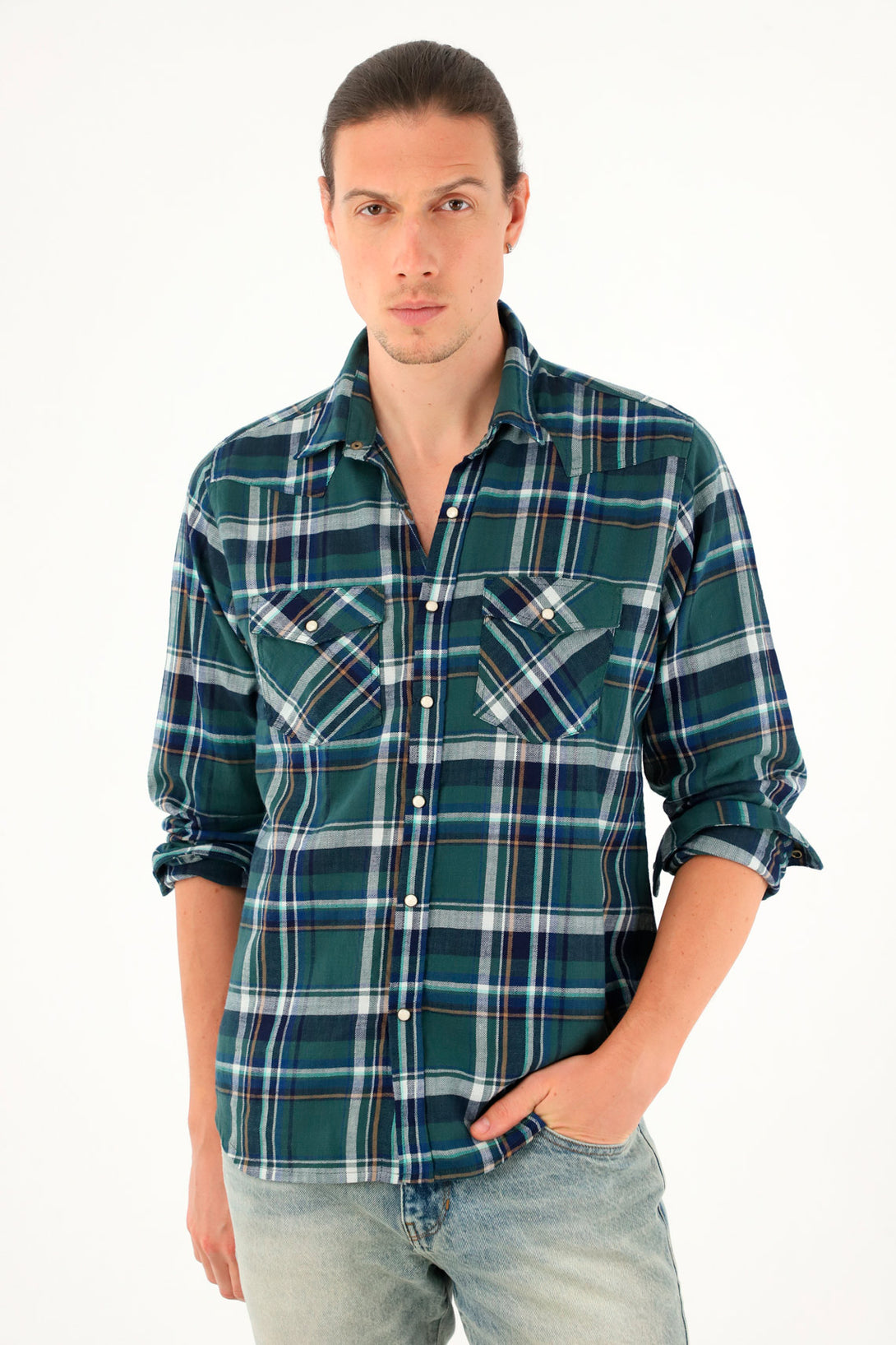 Men's green plaid flannel shirt