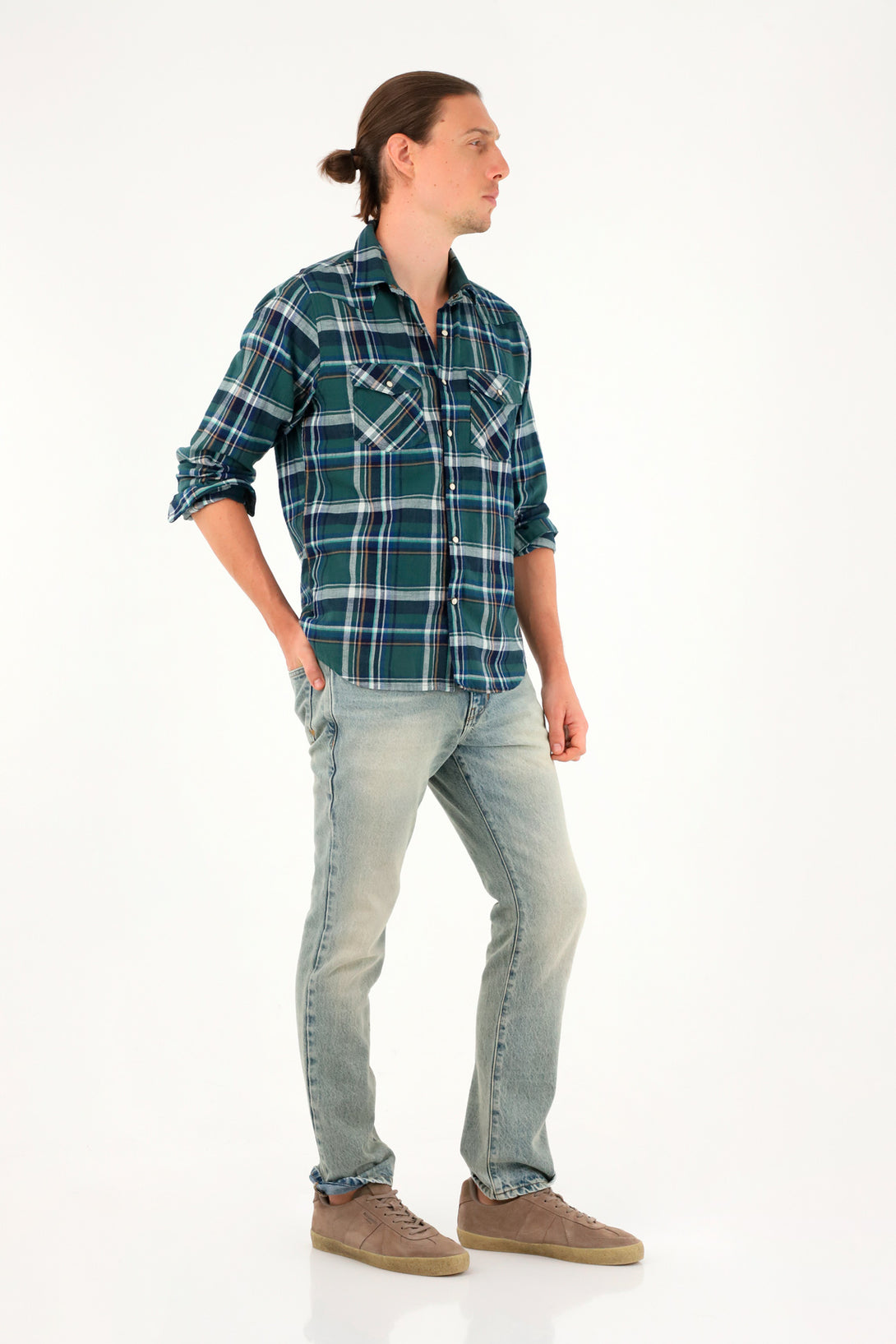 Men's green plaid flannel shirt