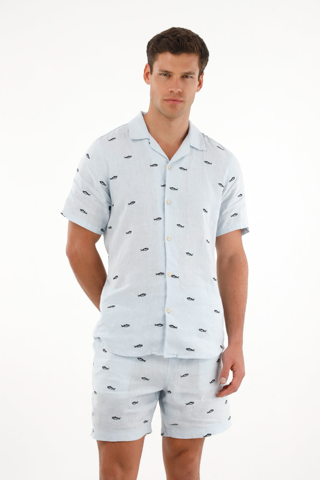 Men's blue fish embroidered shirt