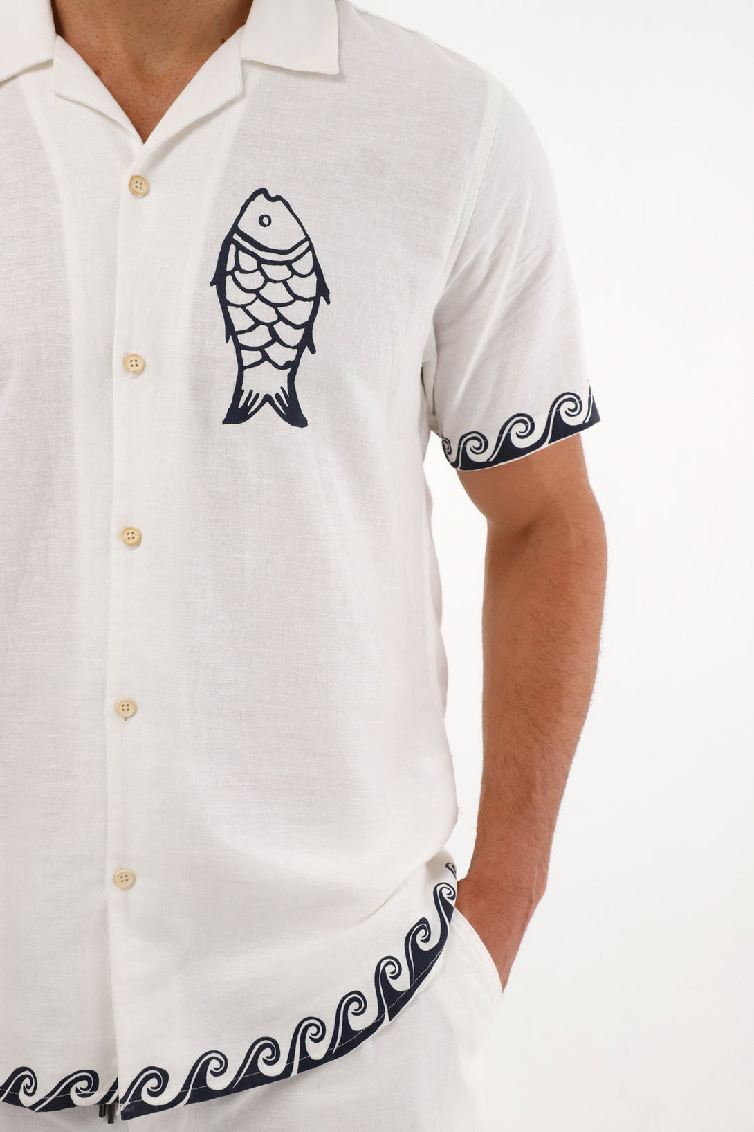 Men's Short Sleeve Shirt with Localized Print in Cream