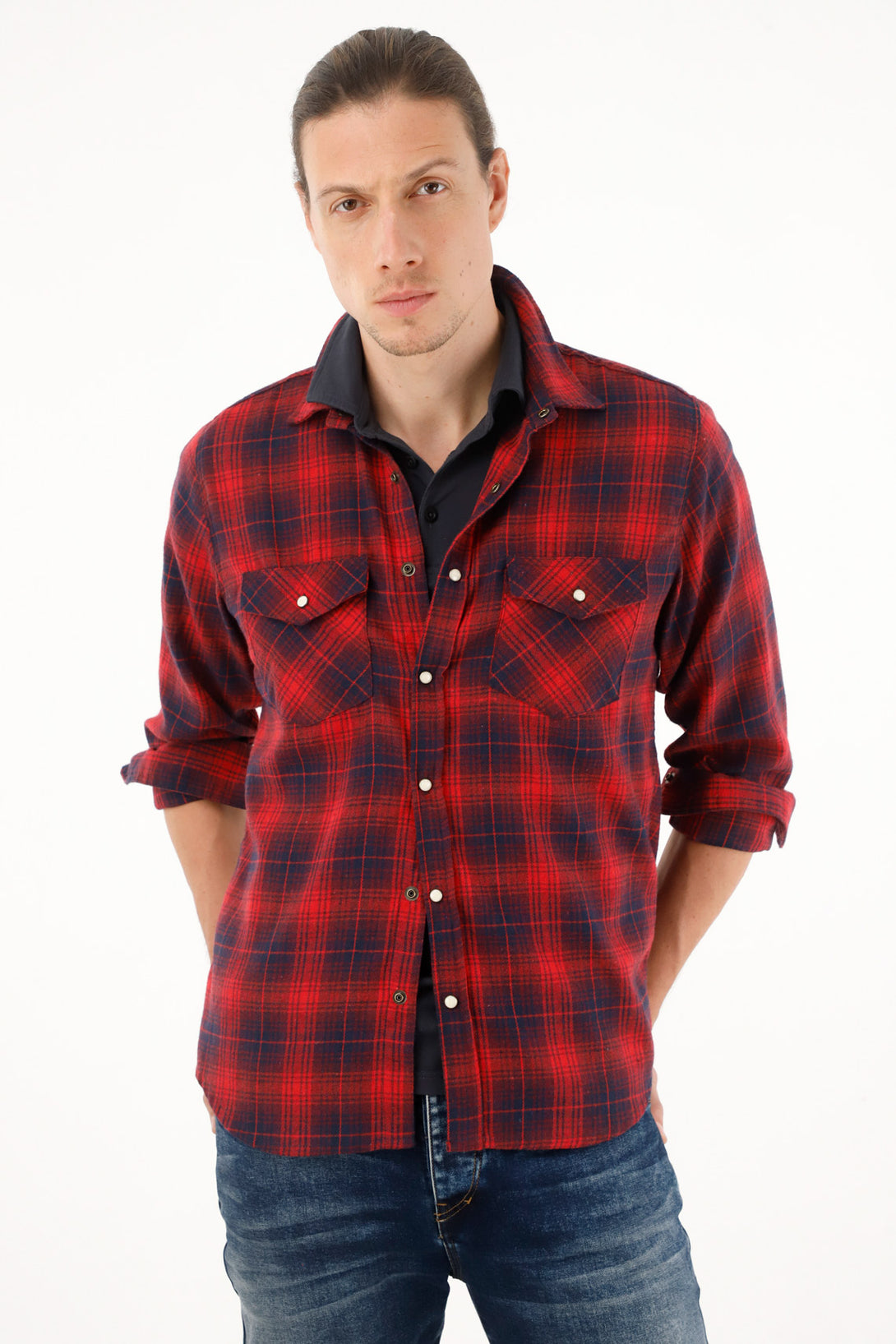 Men's red plaid flannel shirt