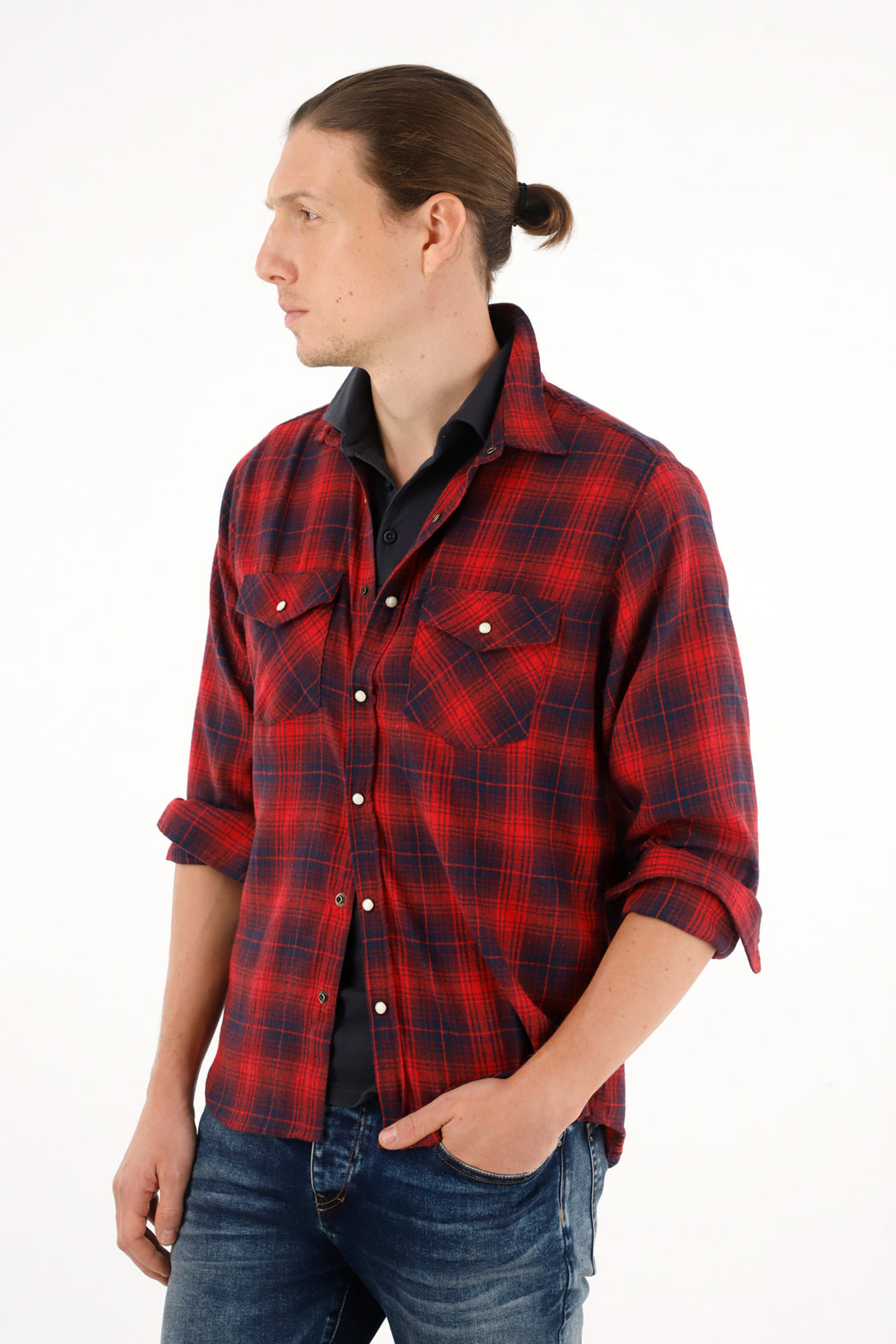 Men's red plaid flannel shirt