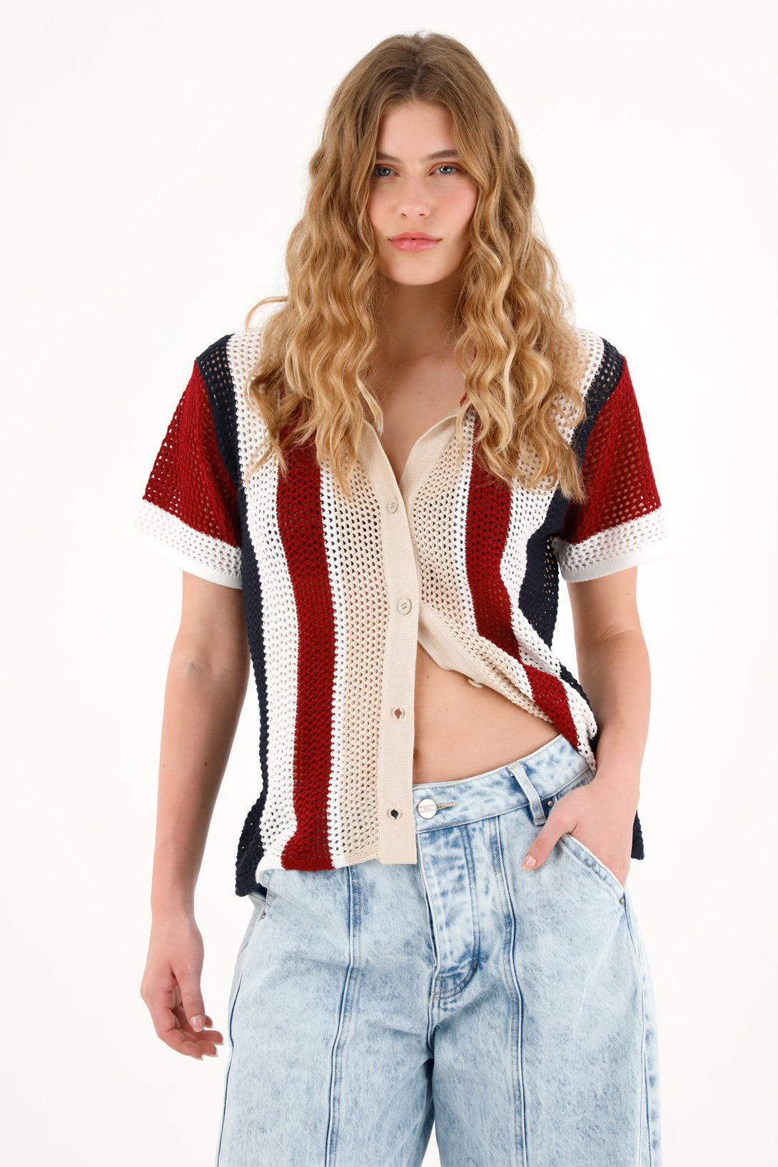 Women's cream knit shirt with striped design