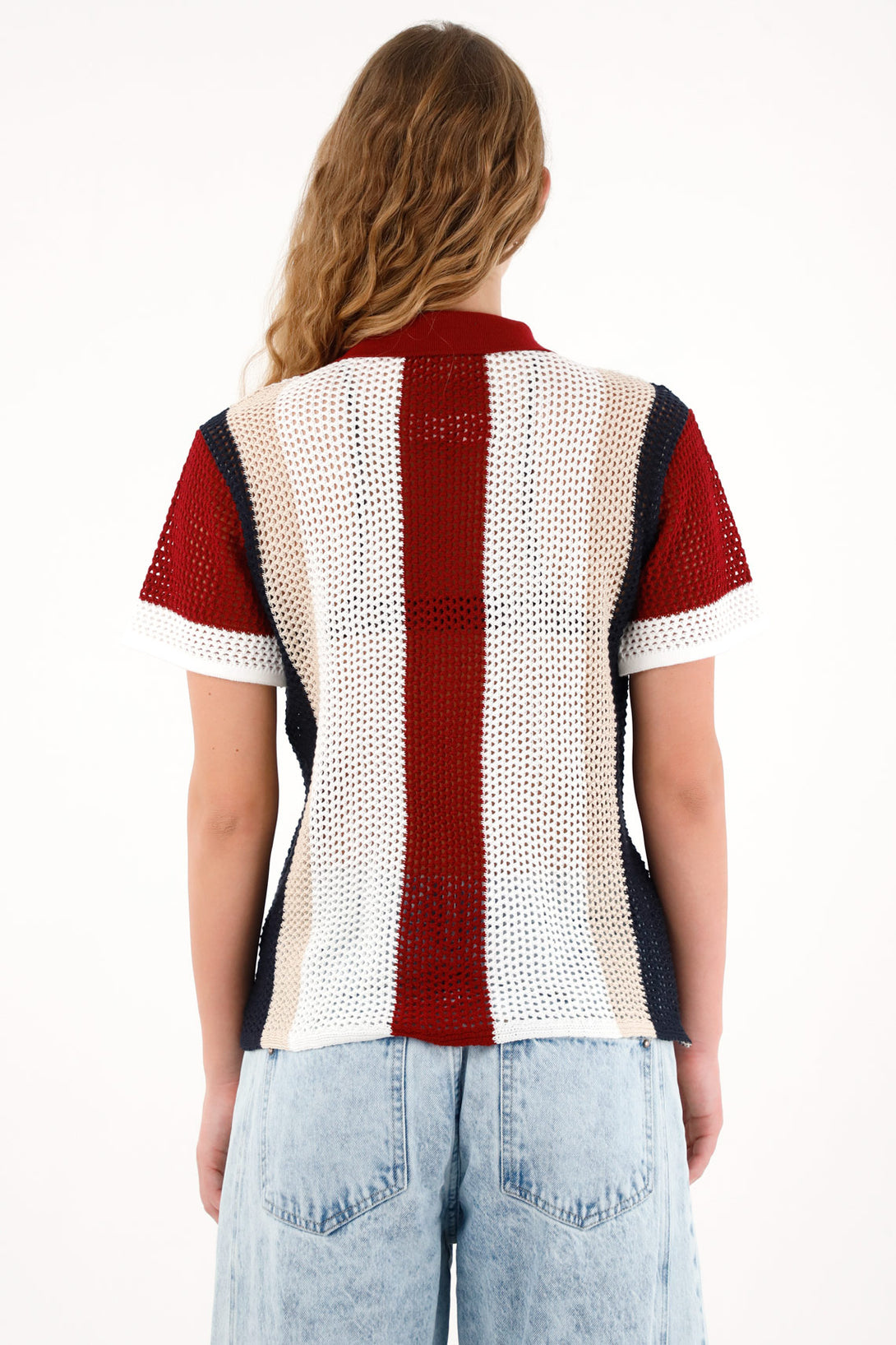 Women's cream knit shirt with striped design