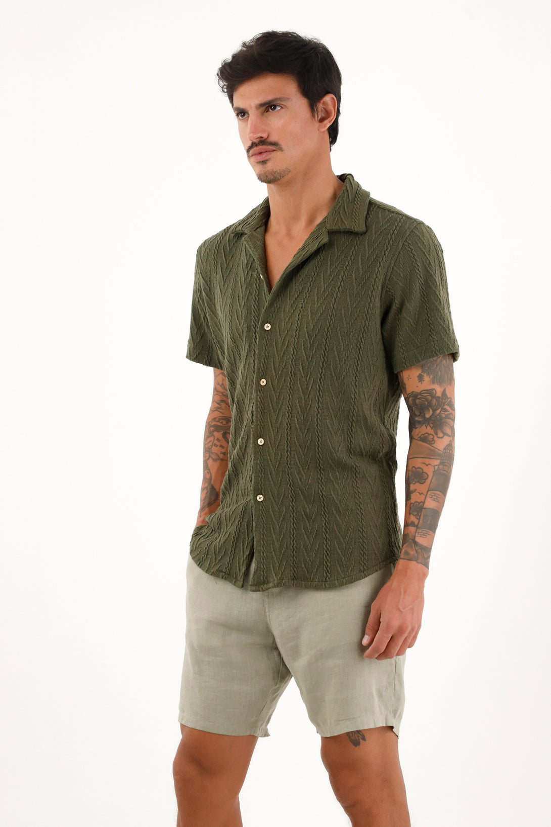 Men's Green Bowling Shirt with Textured Fabric