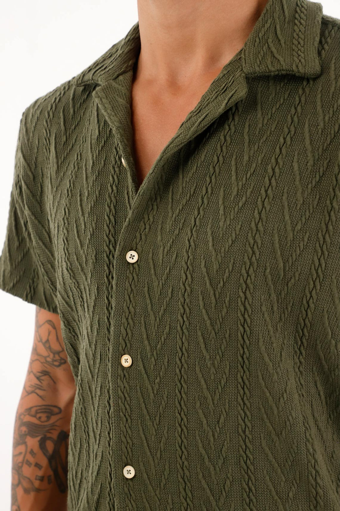 Men's Green Bowling Shirt with Textured Fabric