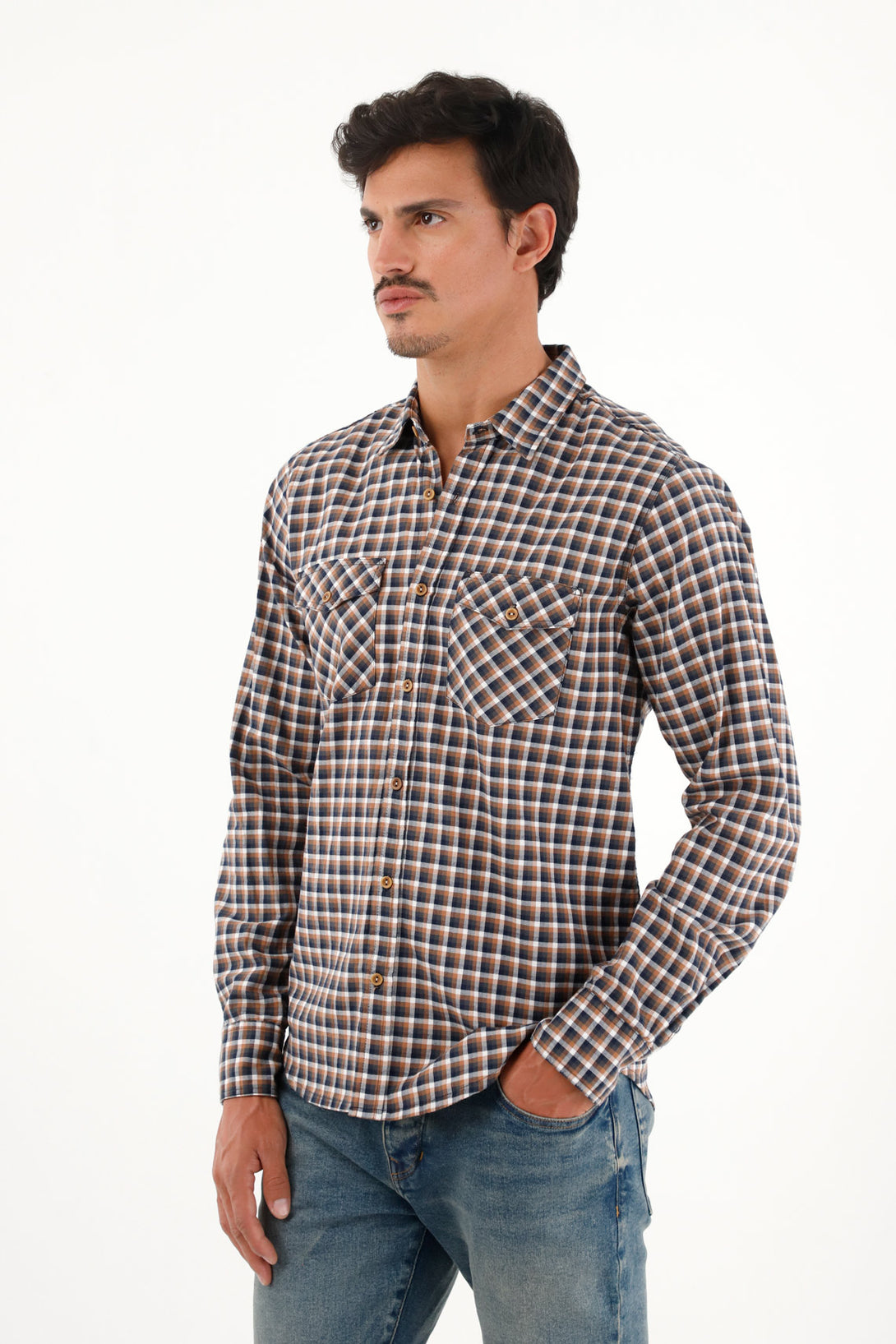 Men's flannel shirt with brown wooden buttons