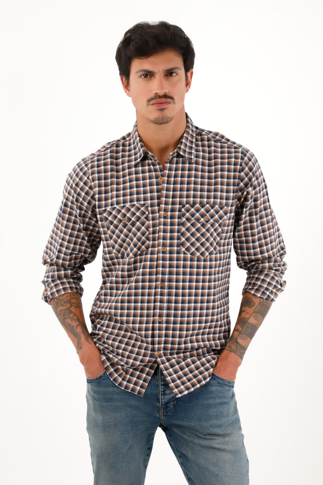 Men's flannel shirt with brown wooden buttons