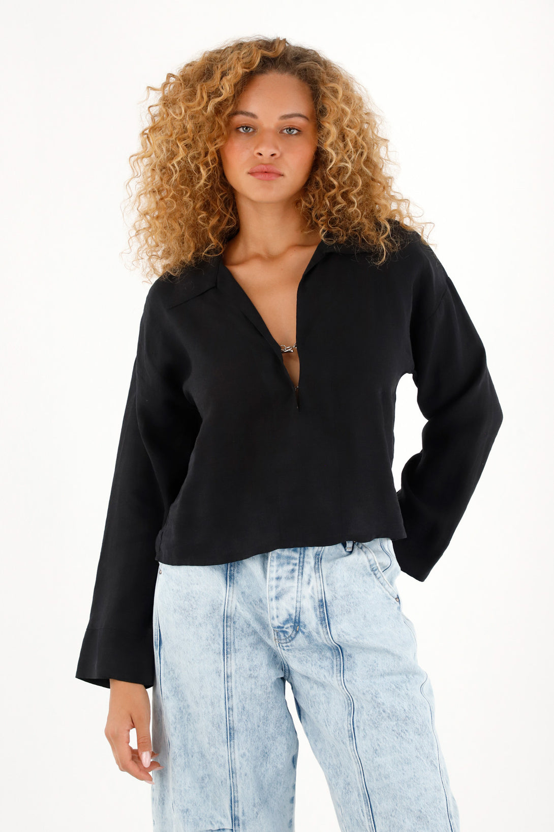 Women's 100% Linen Long Sleeve Black Shirt