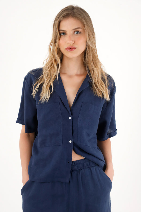 Camisa azul en 100% lino manga corta para mujer