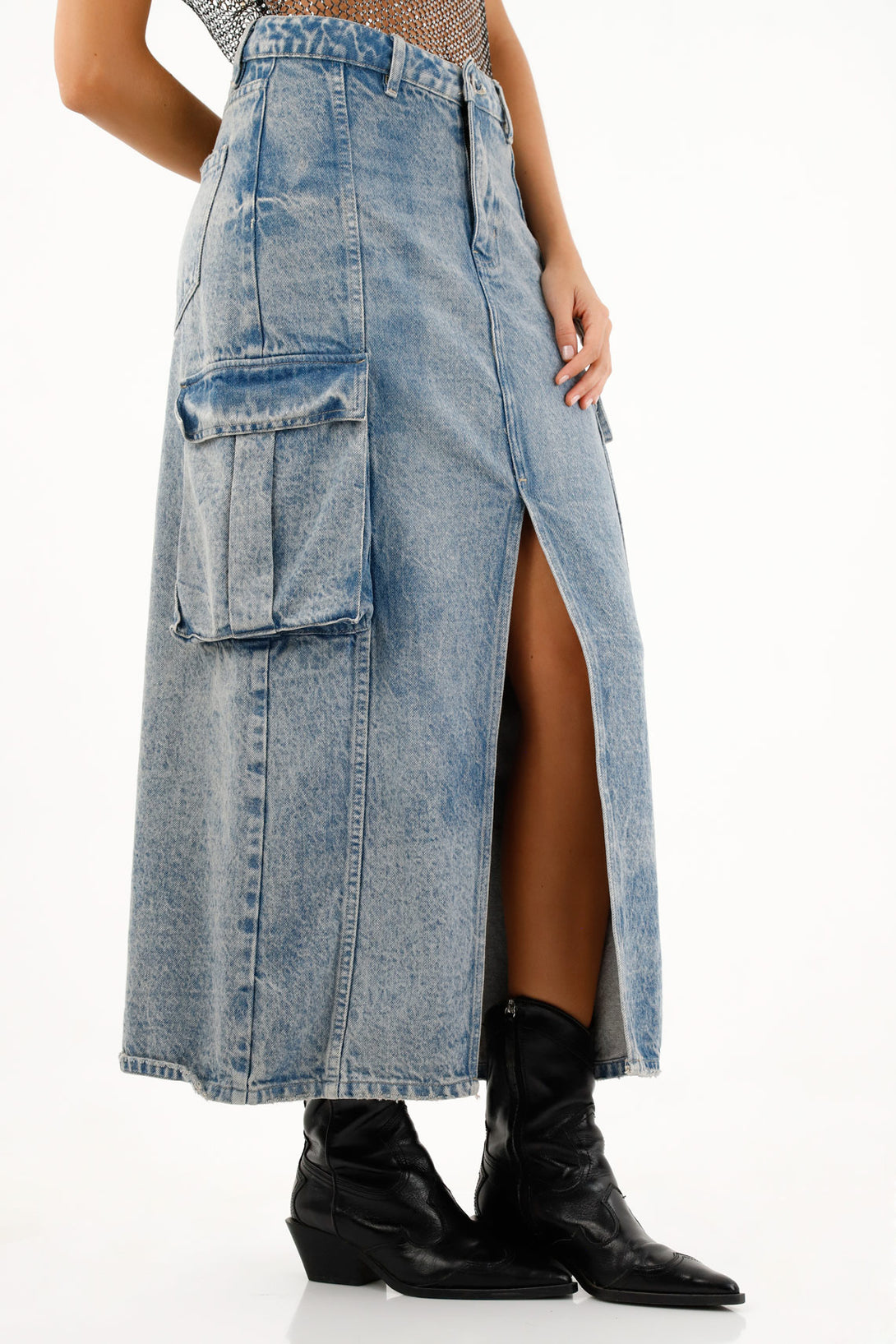 Women's Blue Denim Cargo Pocket Skirt