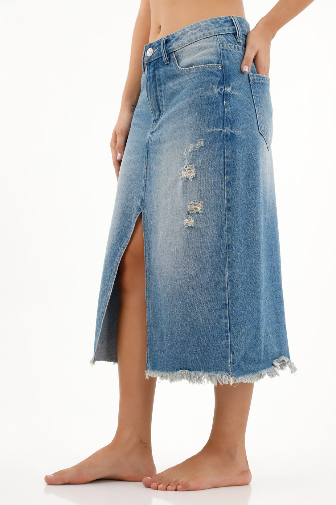 Falda azul denim midi para mujer