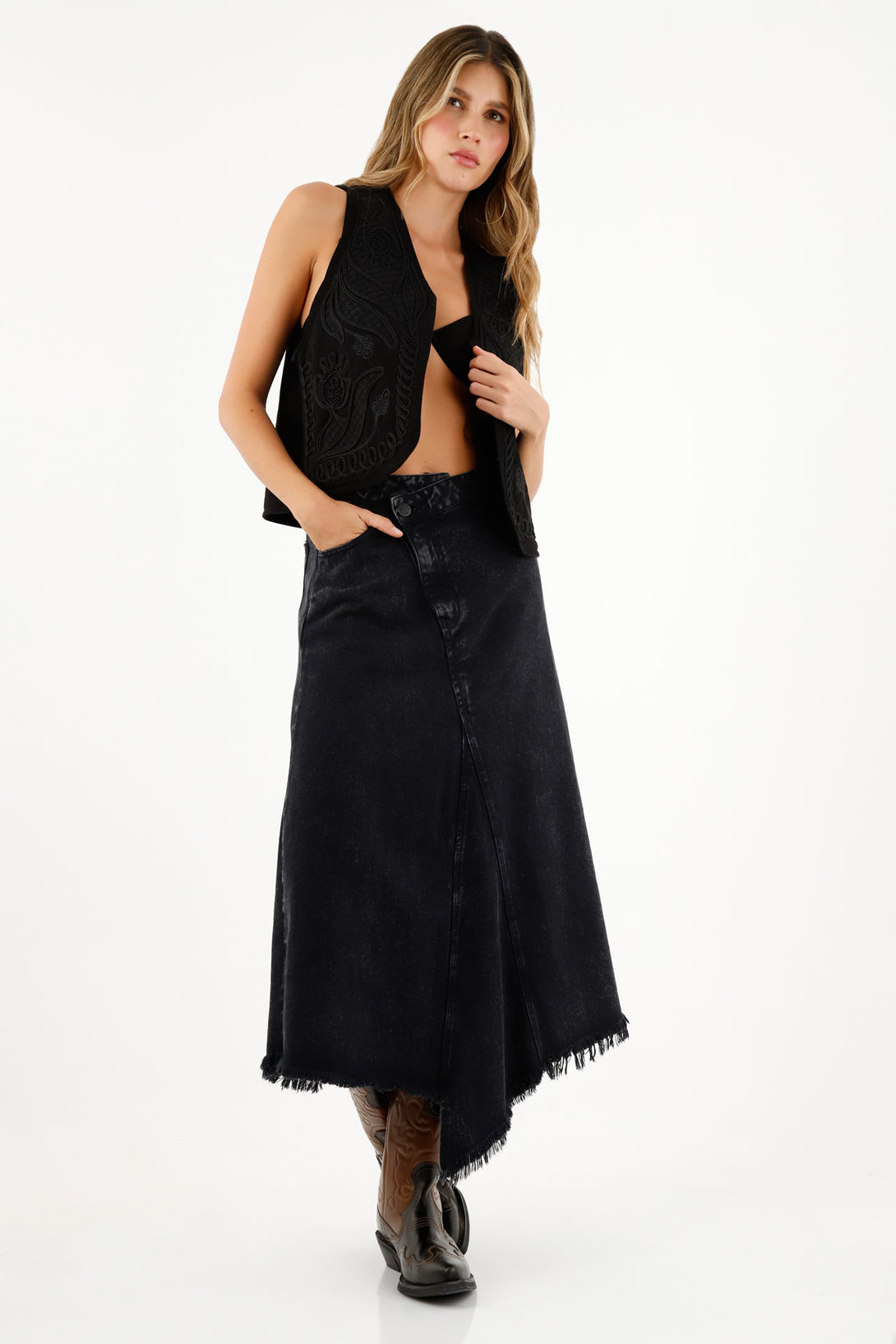 Women's Black Denim Midi Skirt