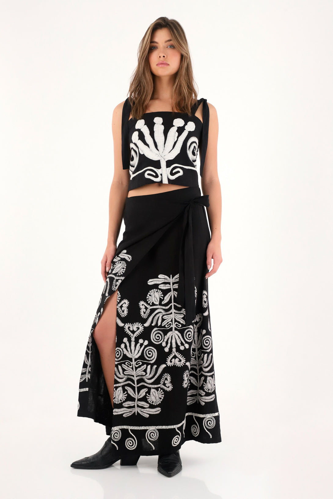 Women's black long pareo skirt with embroidered imitation