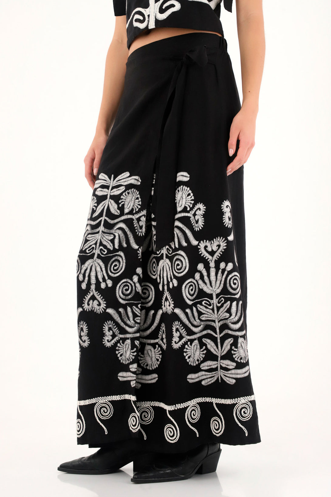 Women's black long pareo skirt with embroidered imitation