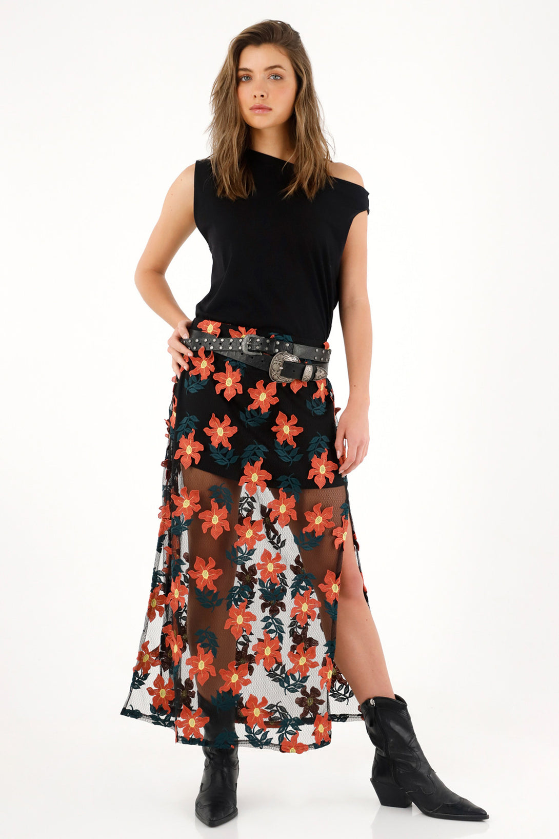 Women's Long Skirt with 3D Flower Embellishments