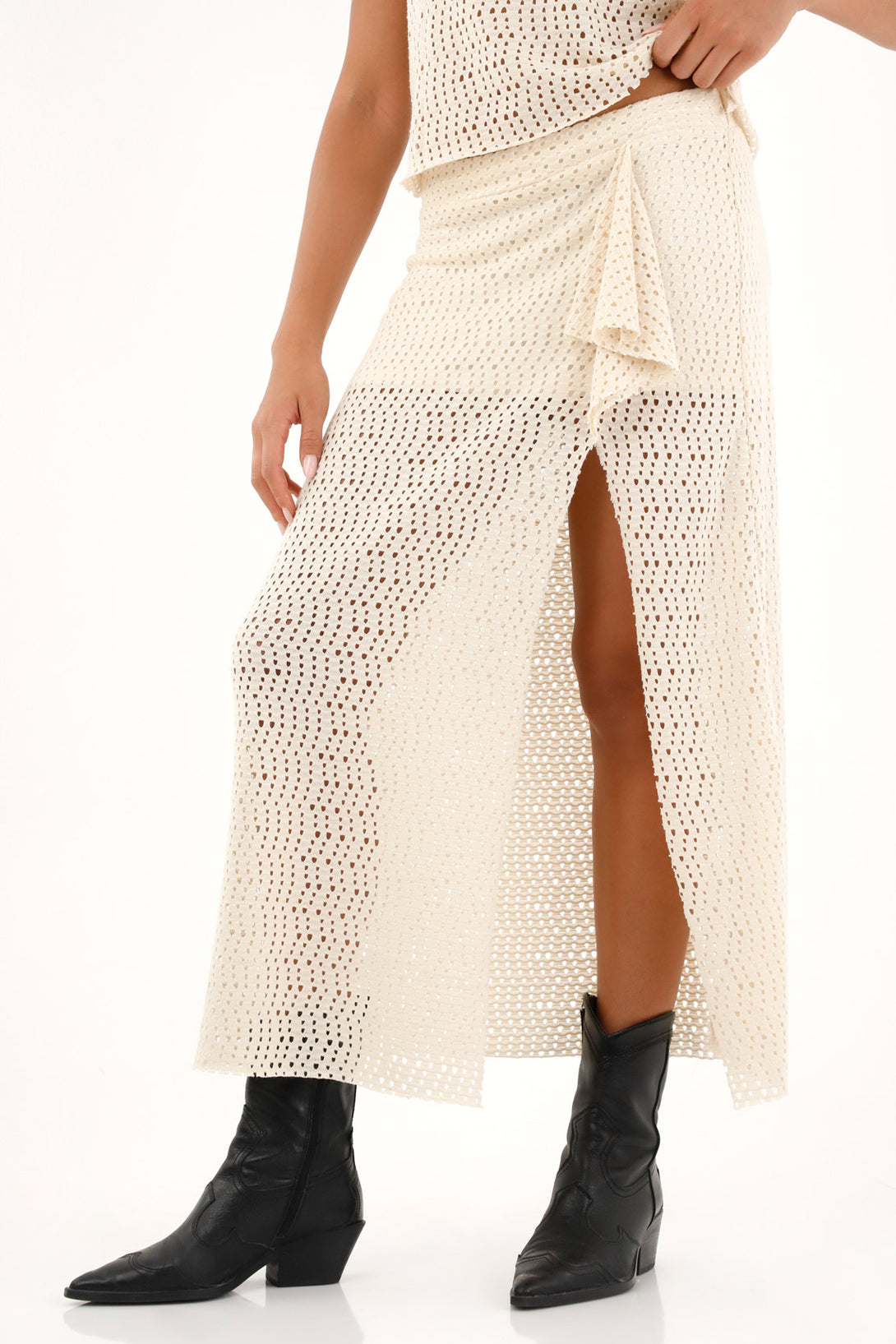 Women's long skirt in cream mesh fabric