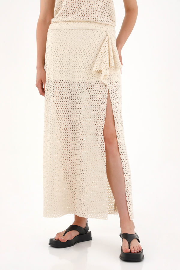 Women's long skirt in cream mesh fabric